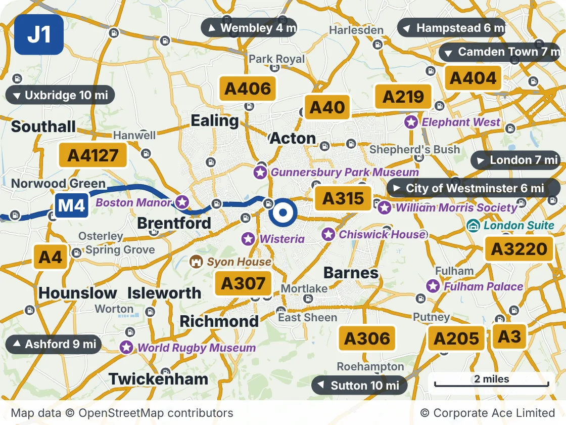 Map of the area within about 5 miles of M4 Junction 1: Chiswick Roundabout, showing the towns, villages, roads and places to visit