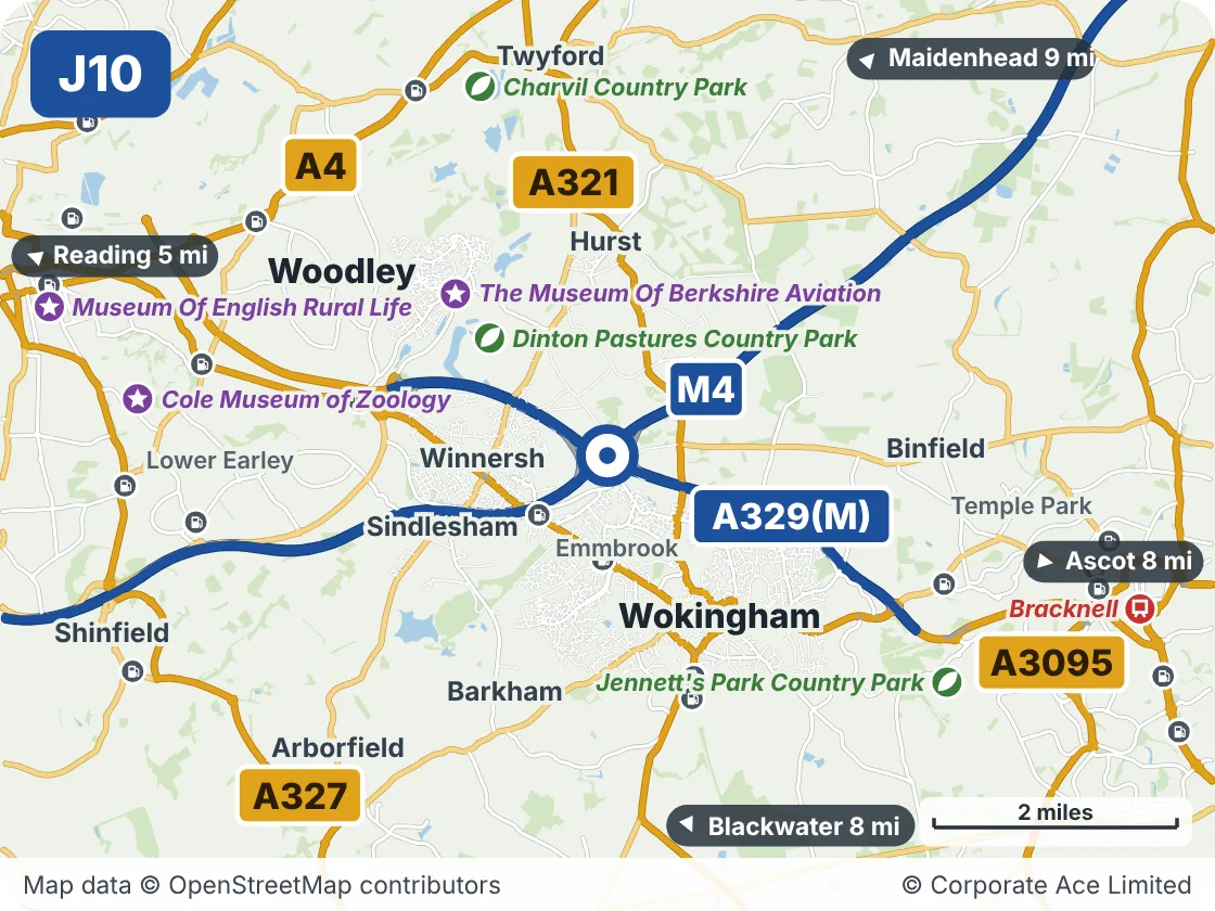 Map of the area within about 5 miles of M4 Junction 10: Winnersh, showing the towns, villages, roads and places to visit