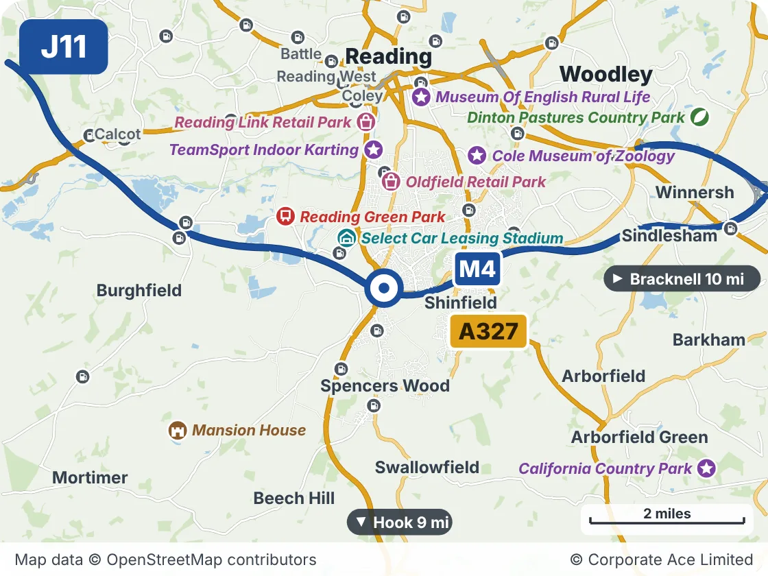 Map of the area within about 5 miles of M4 Junction 11: Three Mile Cross, showing the towns, villages, roads and places to visit