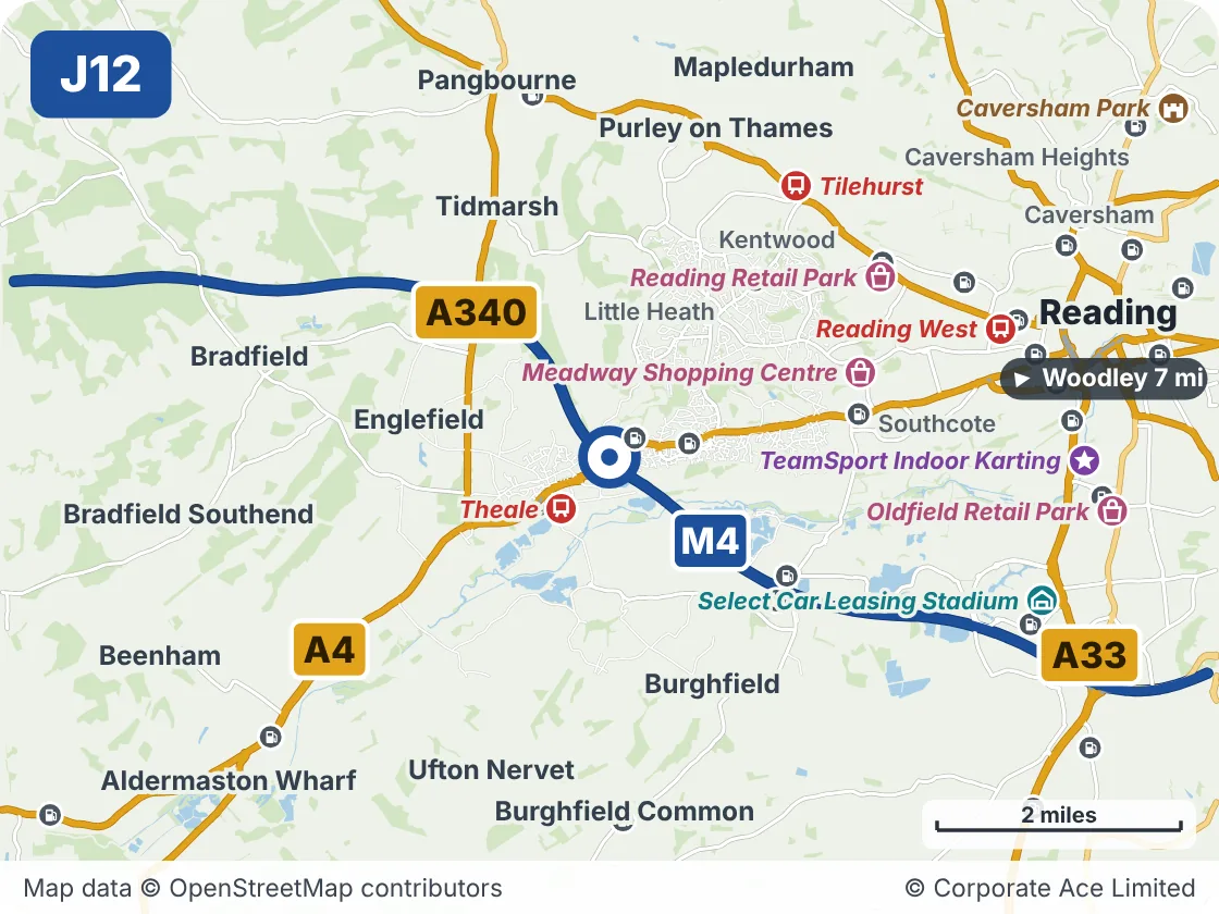Map of the area within about 5 miles of M4 Junction 12: Theale, showing the towns, villages, roads and places to visit