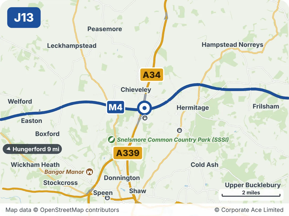 Map of the area within about 5 miles of M4 Junction 13: Chieveley Interchange, showing the towns, villages, roads and places to visit