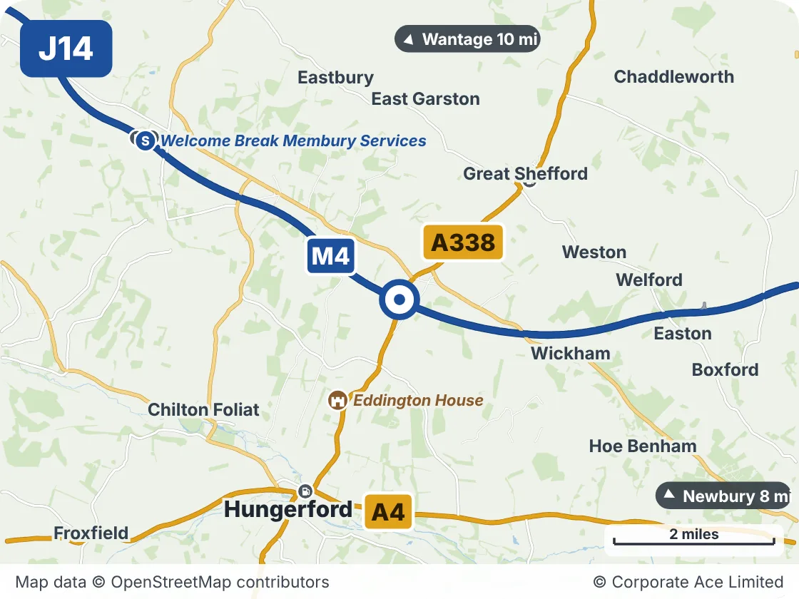 Map of the area within about 5 miles of M4 Junction 14: Wickham Interchange, showing the towns, villages, roads and places to visit