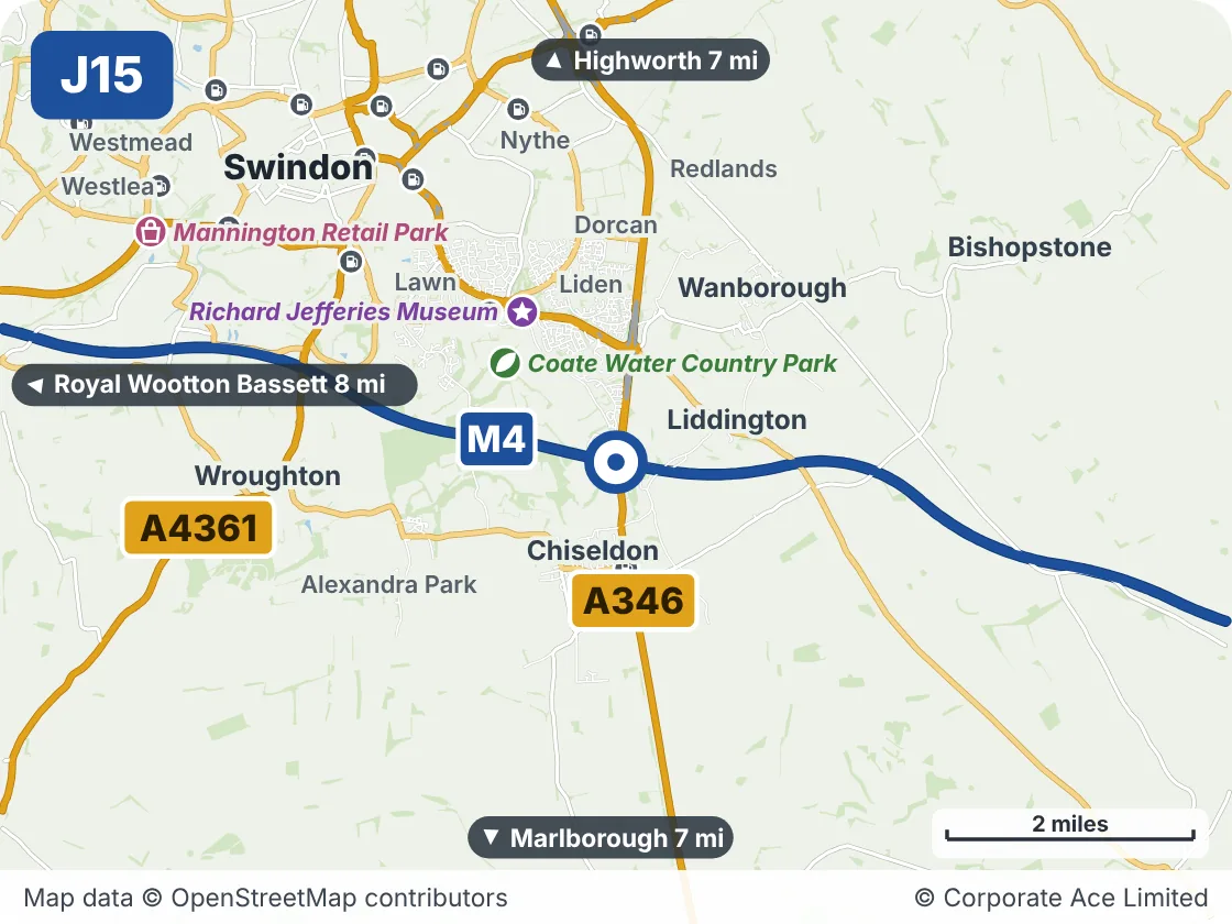 Map of the area within about 5 miles of M4 Junction 15: Plough Hill Interchange, showing the towns, villages, roads and places to visit