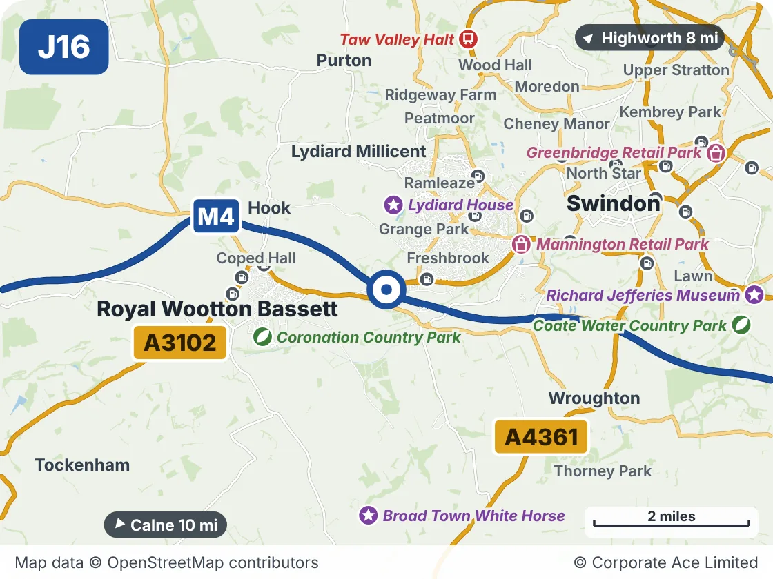 Map of the area within about 5 miles of M4 Junction 16: Spittleborough, showing the towns, villages, roads and places to visit