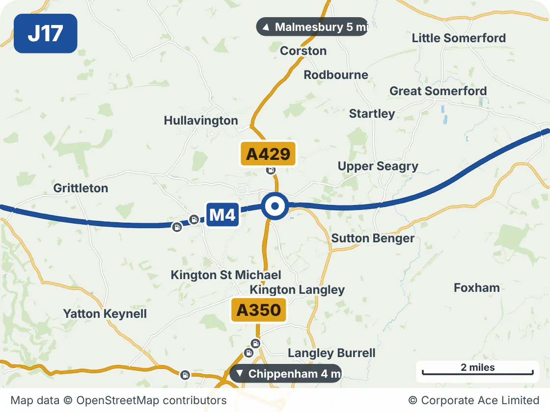 Map of the area within about 5 miles of M4 Junction 17: Stanton St Quintin, showing the towns, villages, roads and places to visit
