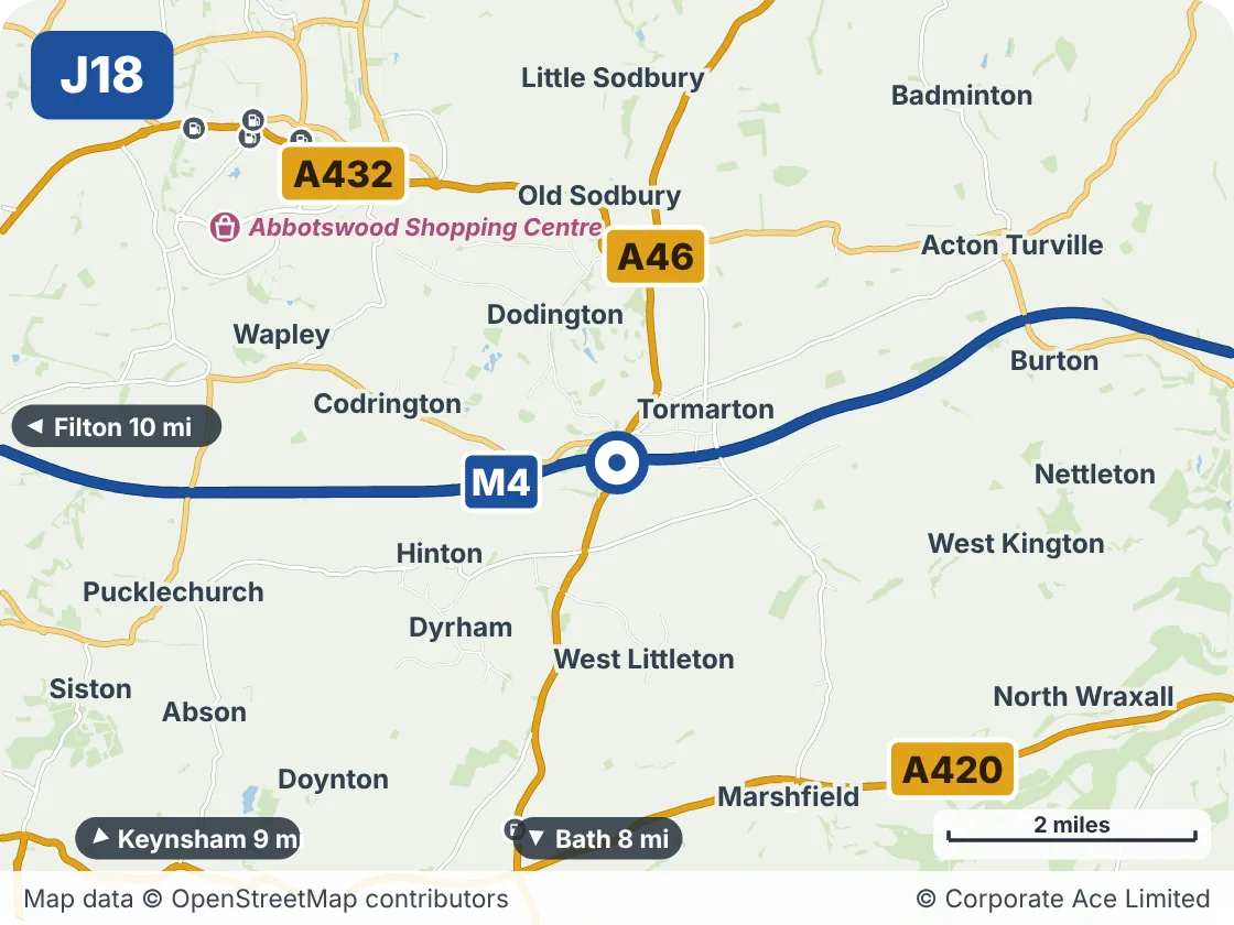 Map of the area within about 5 miles of M4 Junction 18: Tormarton Interchange, showing the towns, villages, roads and places to visit