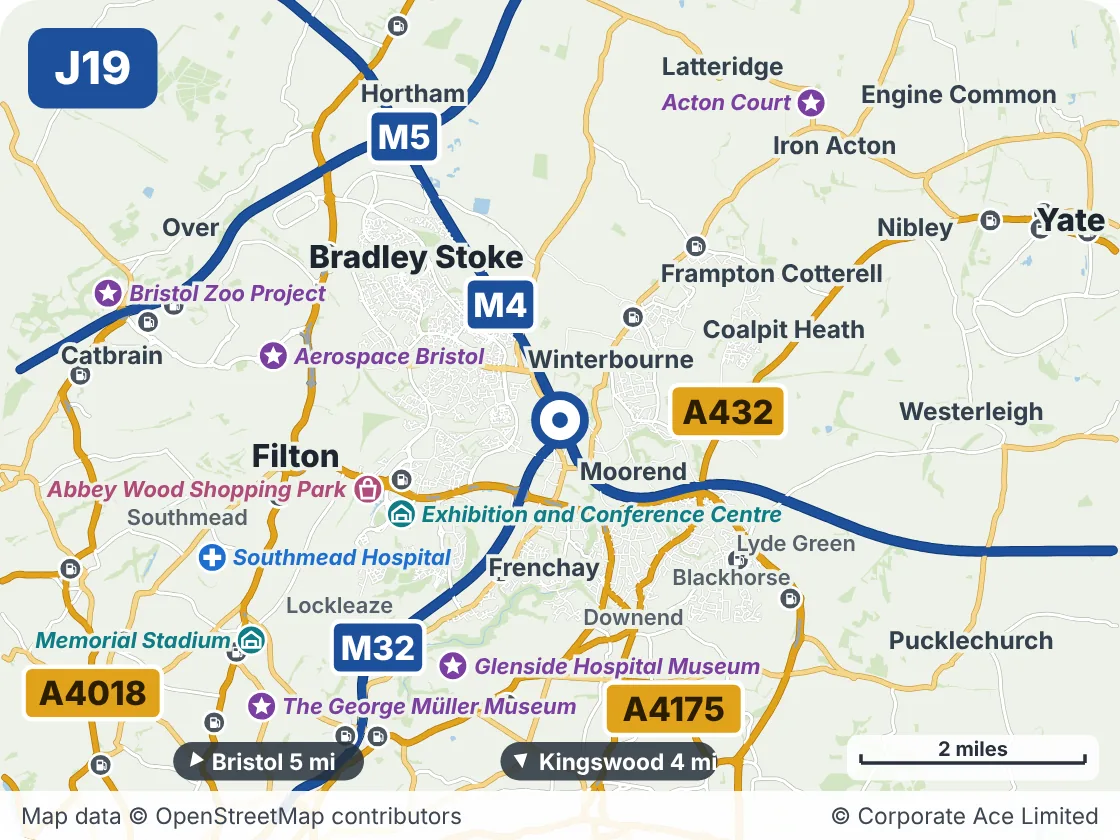 Map of the area within about 5 miles of M4 Junction 19: Hambrook, showing the towns, villages, roads and places to visit