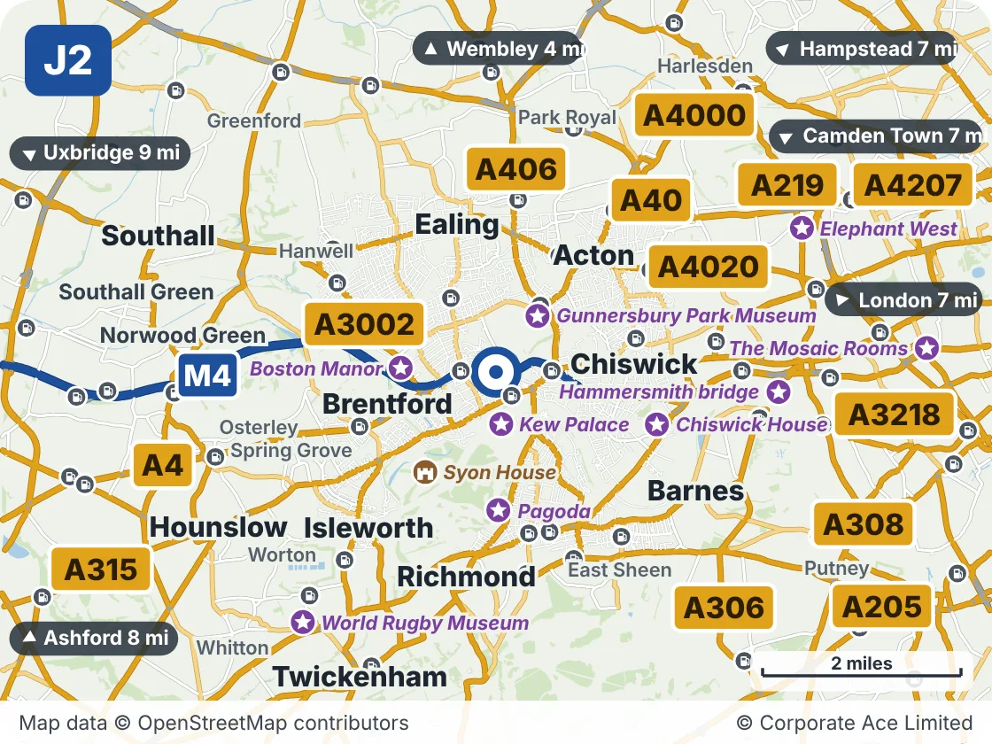 Map of the area within about 5 miles of M4 Junction 2: Brentford, showing the towns, villages, roads and places to visit