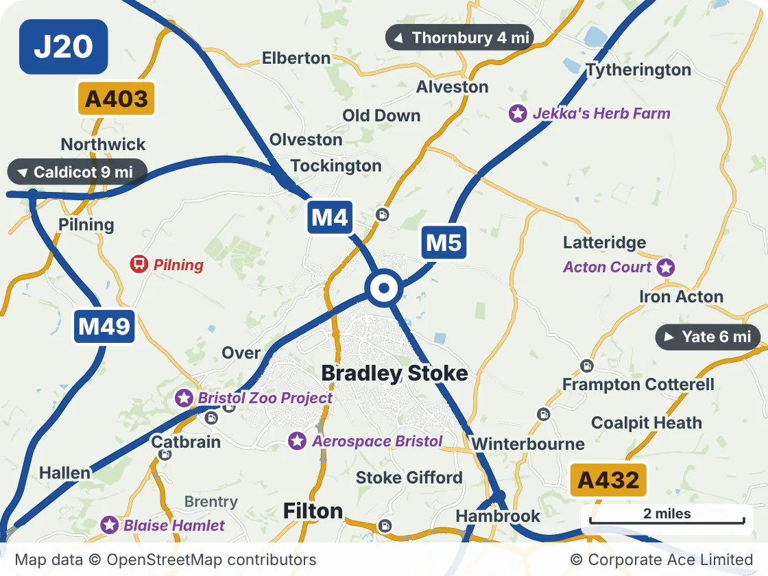 Map of the area within about 5 miles of M4 Junction 20: Almondsbury, showing the towns, villages, roads and places to visit