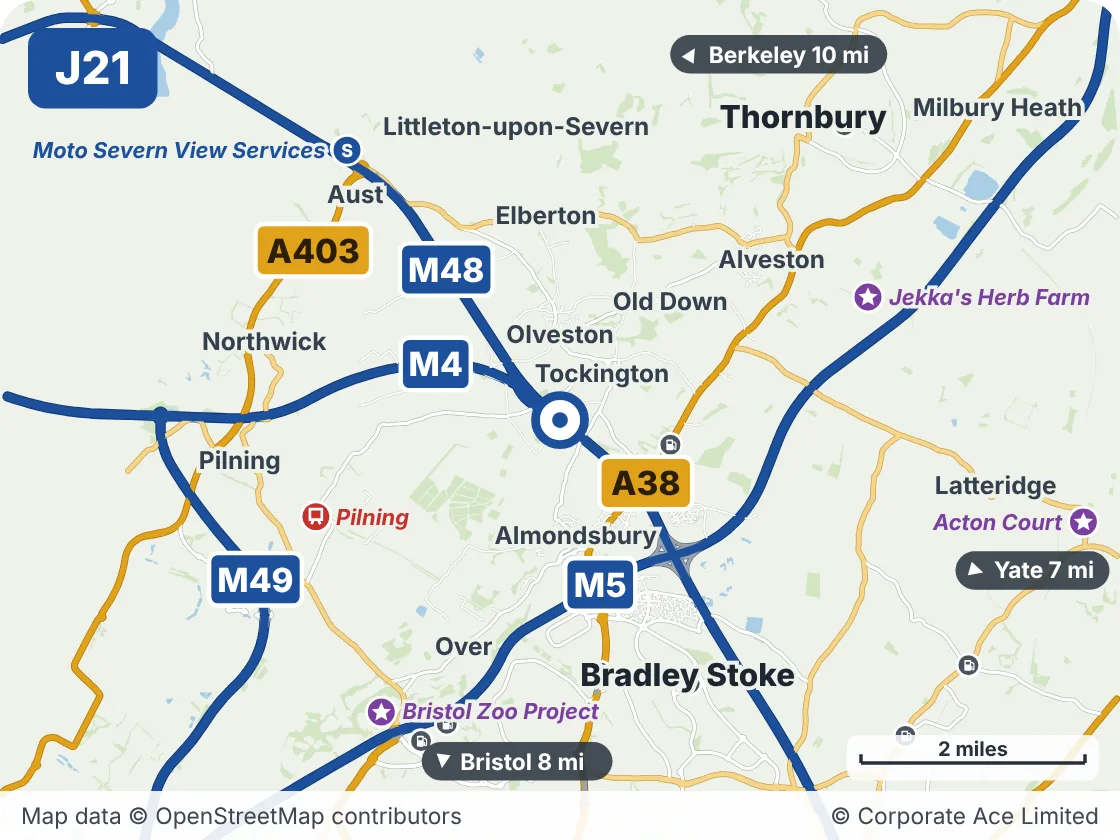 Map of the area within about 5 miles of M4 Junction 21: Awkley Interchange, showing the towns, villages, roads and places to visit