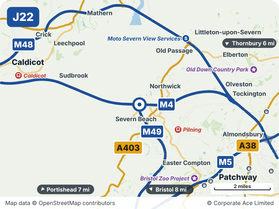 Map of the area within about 5 miles of M4 Junction 22: Pilning, showing the towns, villages, roads and places to visit