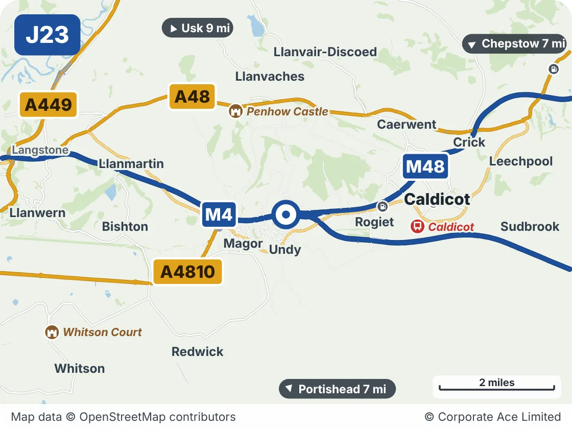 Map of the area within about 5 miles of M4 Junction 23: Rogiet, showing the towns, villages, roads and places to visit