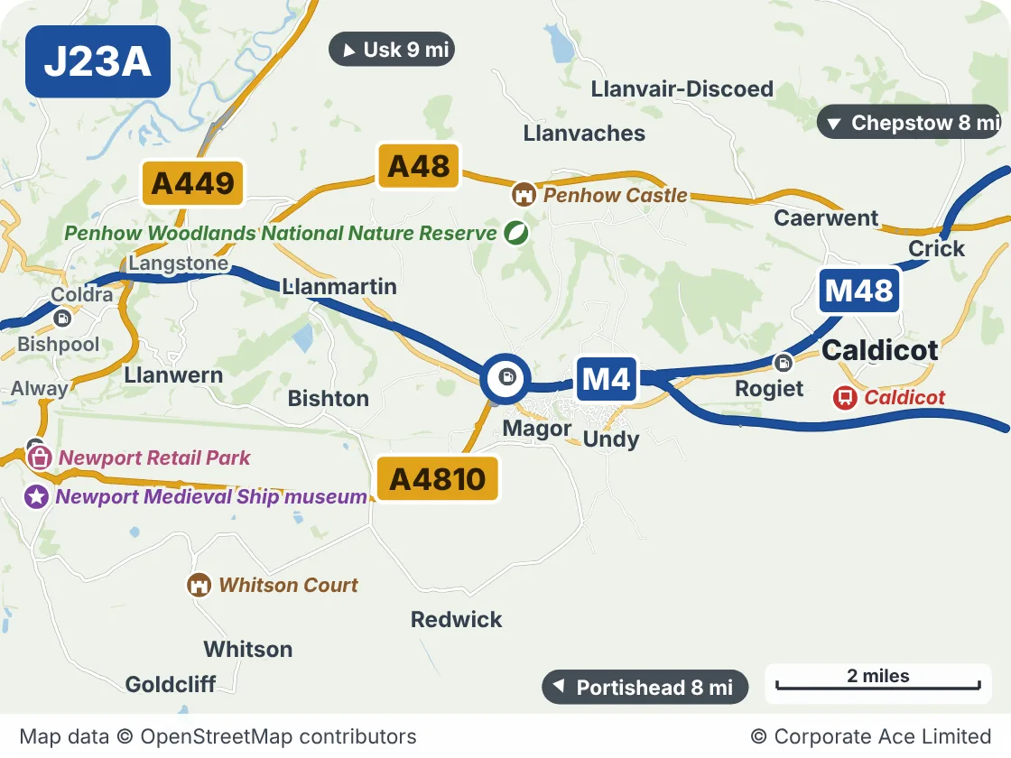 Map of the area within about 5 miles of M4 Junction 23A: Magor, showing the towns, villages, roads and places to visit