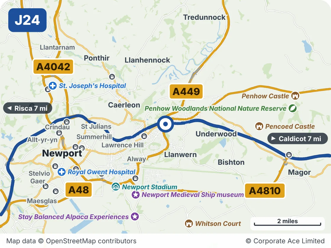 Map of the area within about 5 miles of M4 Junction 24: Coldra, showing the towns, villages, roads and places to visit