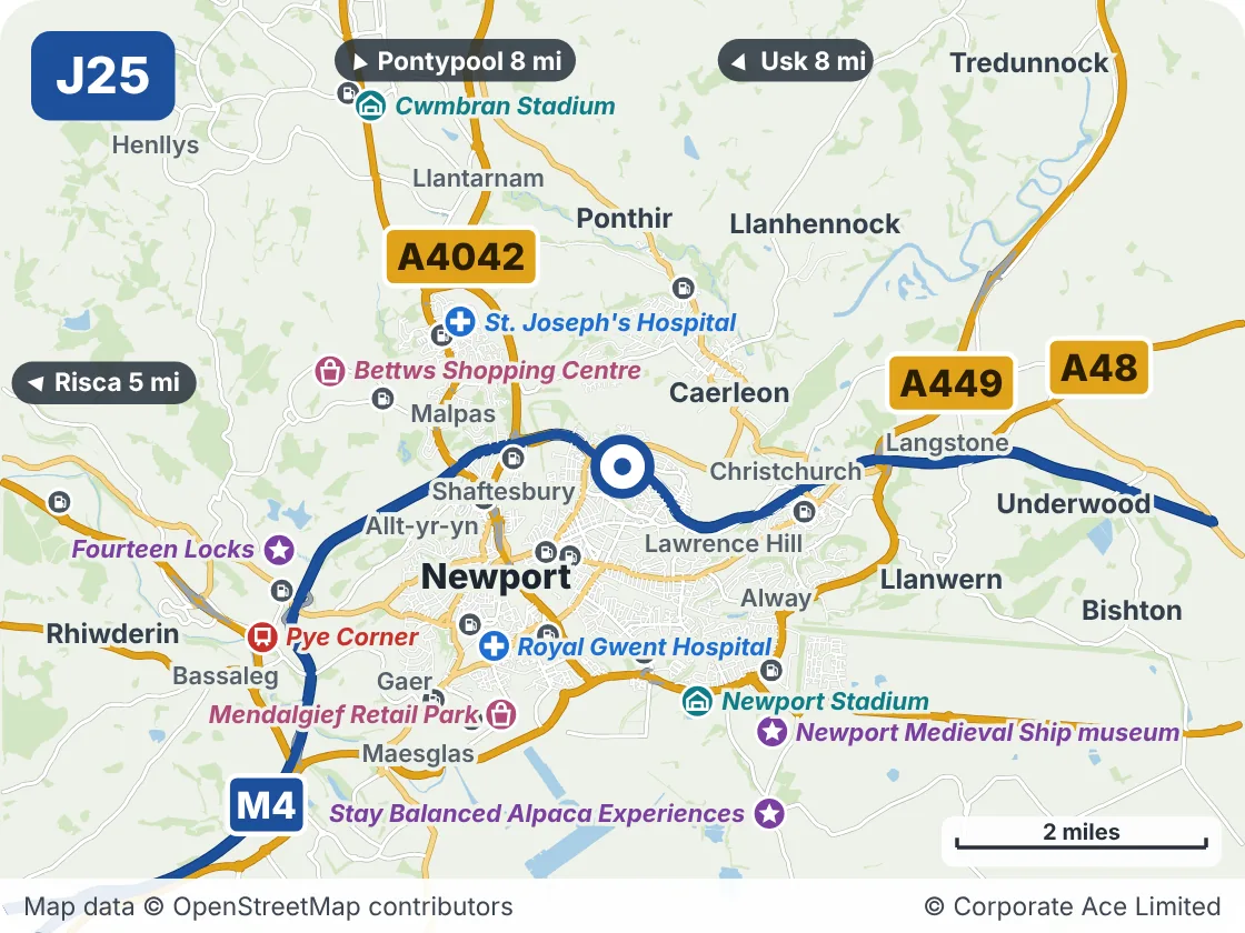 Map of the area within about 5 miles of M4 Junction 25: Caerleon Interchange, showing the towns, villages, roads and places to visit