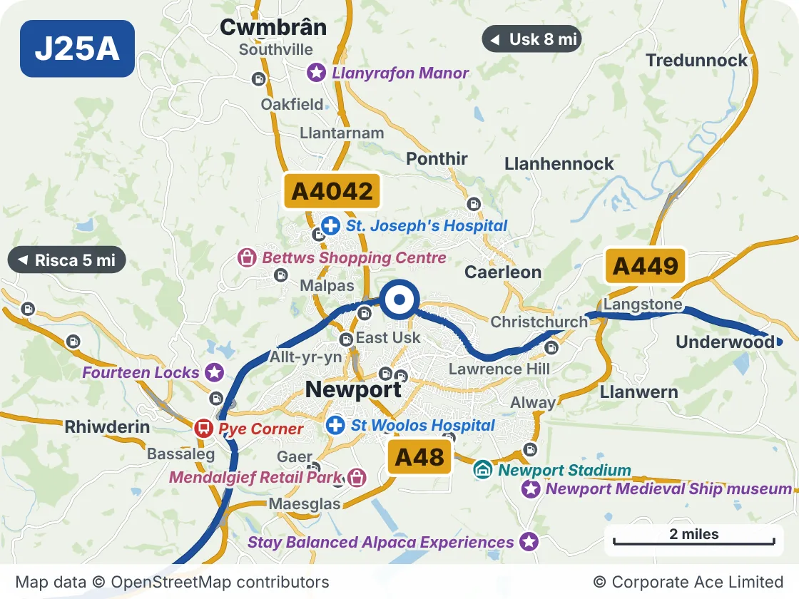 Map of the area within about 5 miles of M4 Junction 25A: Grove Park, showing the towns, villages, roads and places to visit