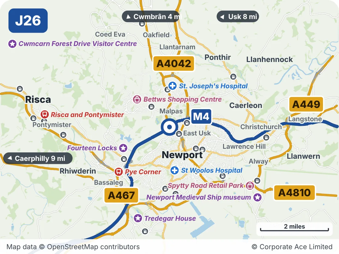 Map of the area within about 5 miles of M4 Junction 26: Malpas Interchange, showing the towns, villages, roads and places to visit