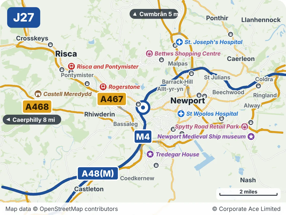 Map of the area within about 5 miles of M4 Junction 27: High Cross, showing the towns, villages, roads and places to visit
