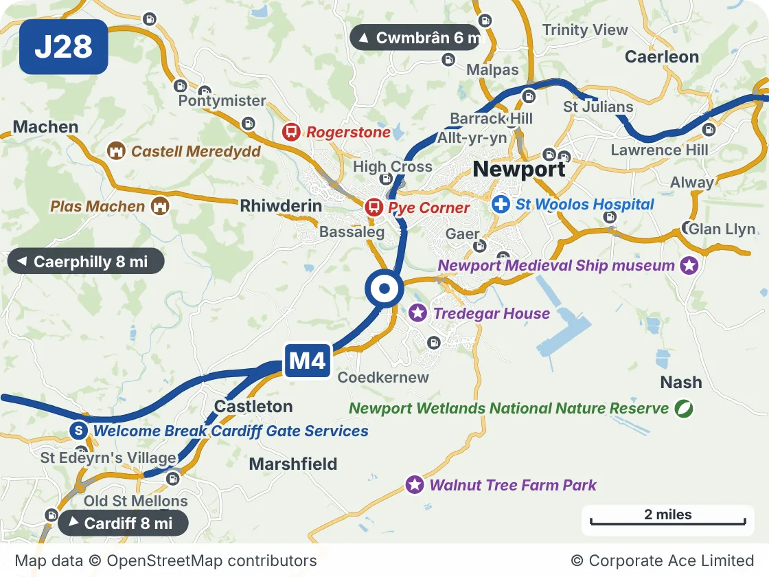 Map of the area within about 5 miles of M4 Junction 28: Tredegar Park, showing the towns, villages, roads and places to visit
