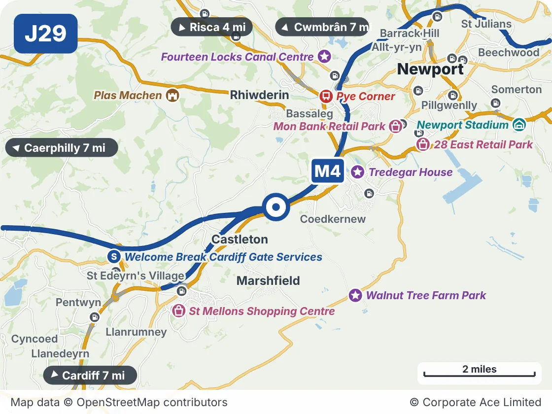 Map of the area within about 5 miles of M4 Junction 29: Castleton, showing the towns, villages, roads and places to visit