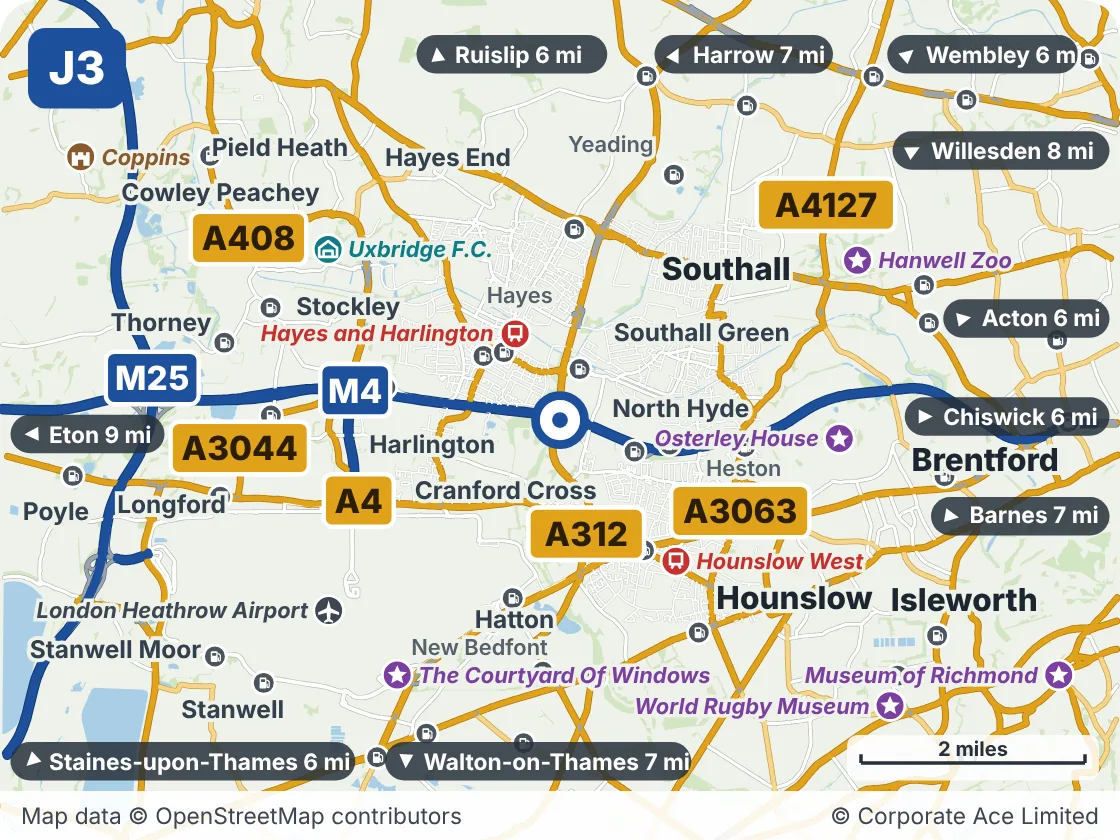 Map of the area within about 5 miles of M4 Junction 3: Cranford Parkway, showing the towns, villages, roads and places to visit