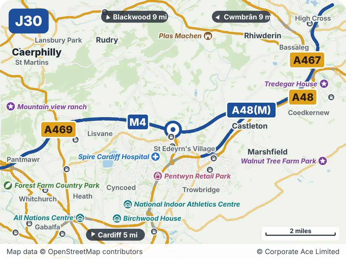 Map of the area within about 5 miles of M4 Junction 30: Pentwyn, showing the towns, villages, roads and places to visit