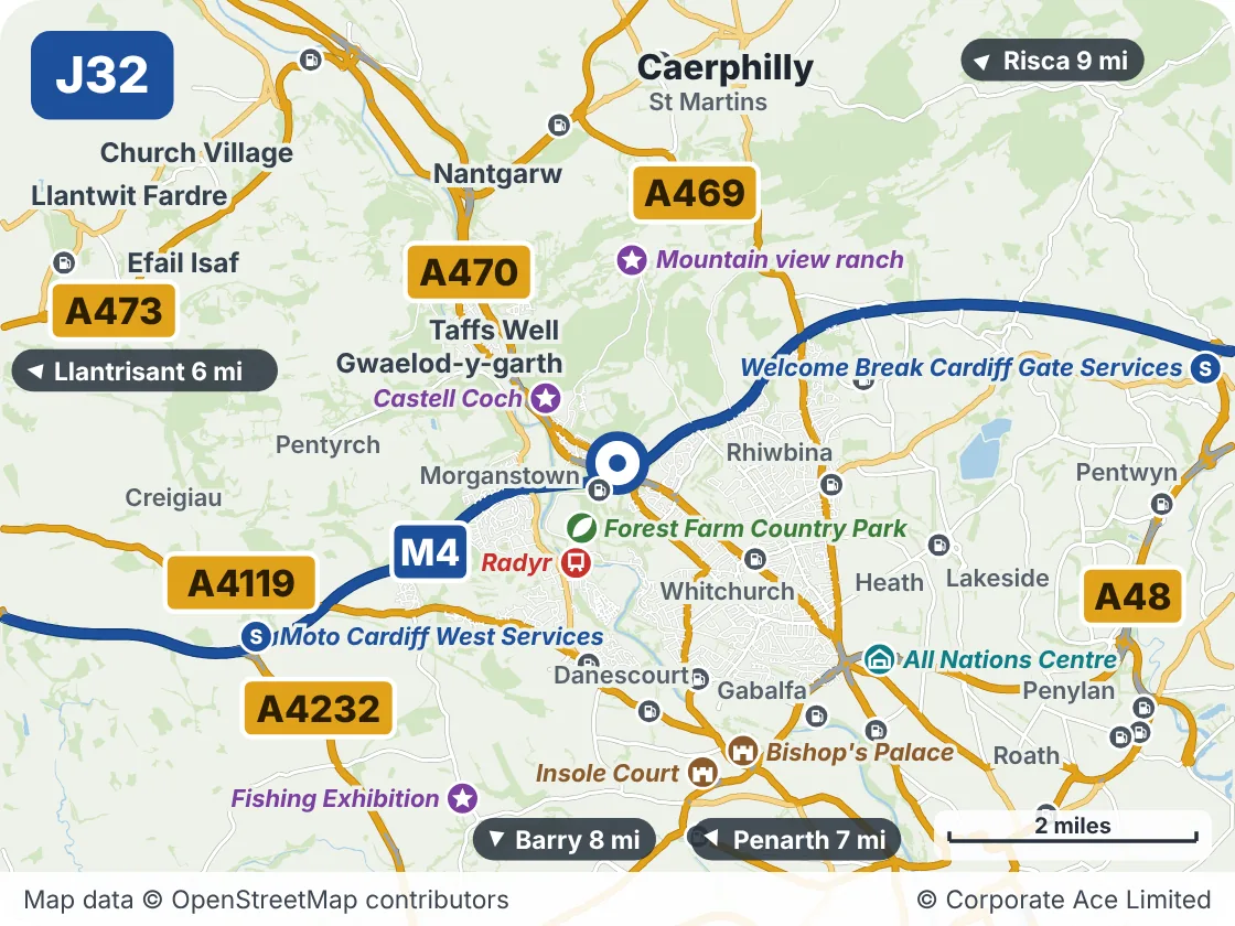 Map of the area within about 5 miles of M4 Junction 32: Coryton, showing the towns, villages, roads and places to visit