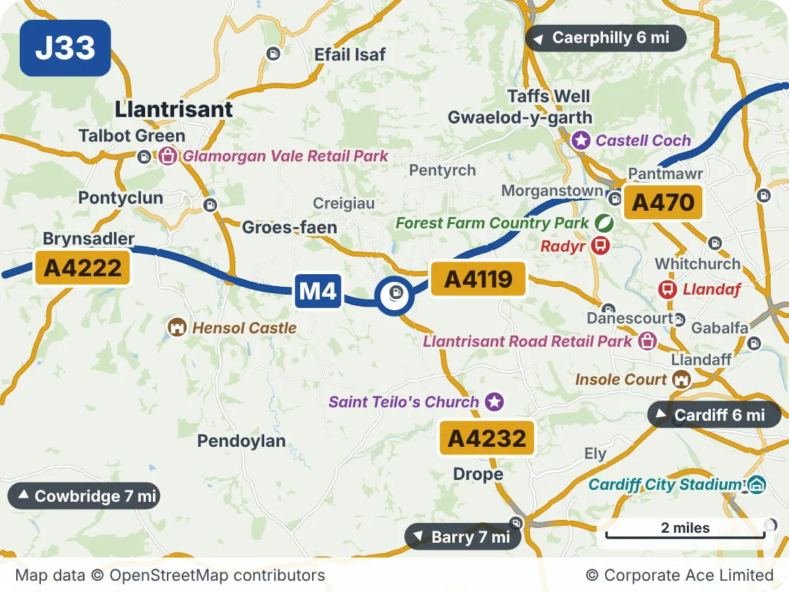 Map of the area within about 5 miles of M4 Junction 33: Capel Llanilltern, showing the towns, villages, roads and places to visit