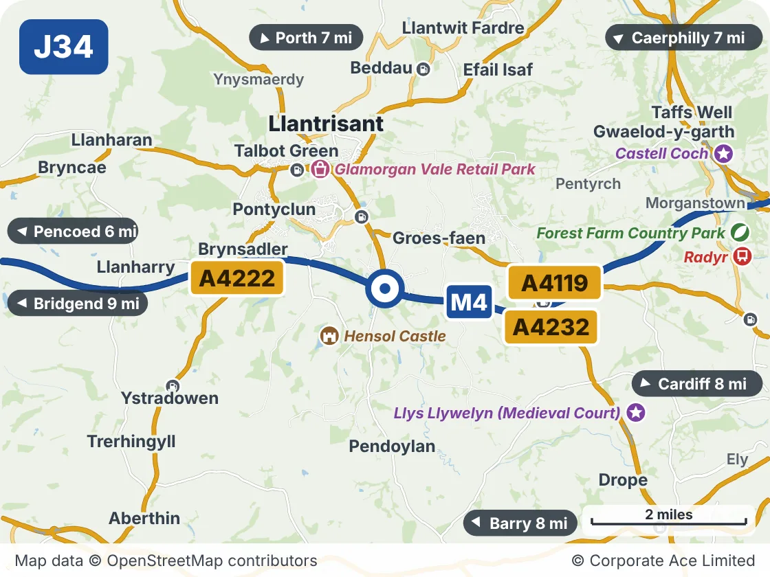 Map of the area within about 5 miles of M4 Junction 34: Miskin, showing the towns, villages, roads and places to visit