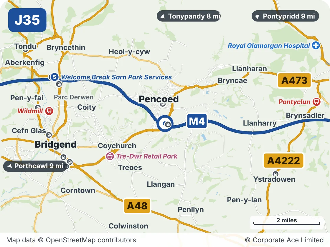Map of the area within about 5 miles of M4 Junction 35: Pen-coed, showing the towns, villages, roads and places to visit