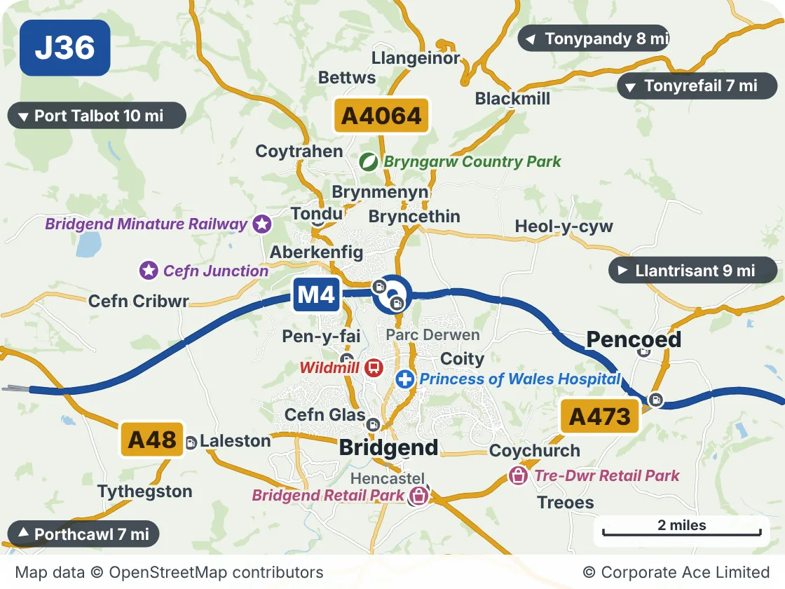 Map of the area within about 5 miles of M4 Junction 36: Sarn, showing the towns, villages, roads and places to visit