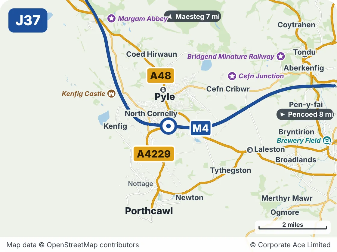 Map of the area within about 5 miles of M4 Junction 37: Pyle, showing the towns, villages, roads and places to visit