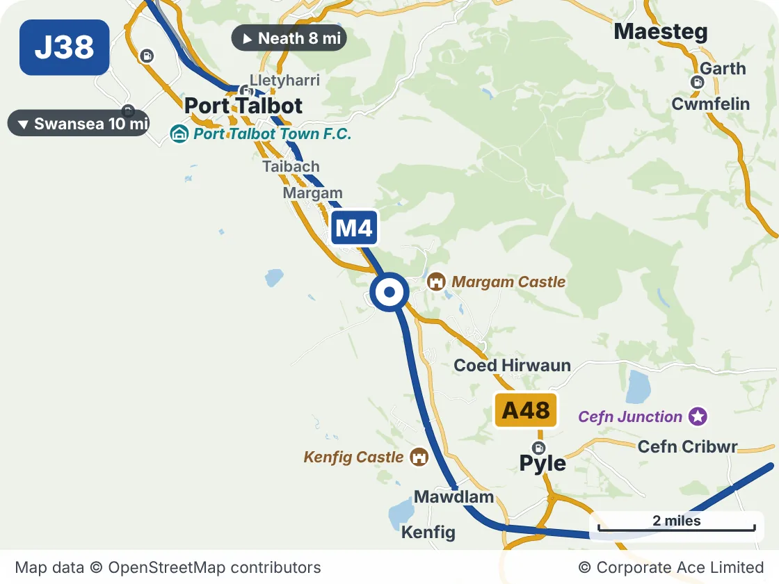 Map of the area within about 5 miles of M4 Junction 38: Margam, showing the towns, villages, roads and places to visit