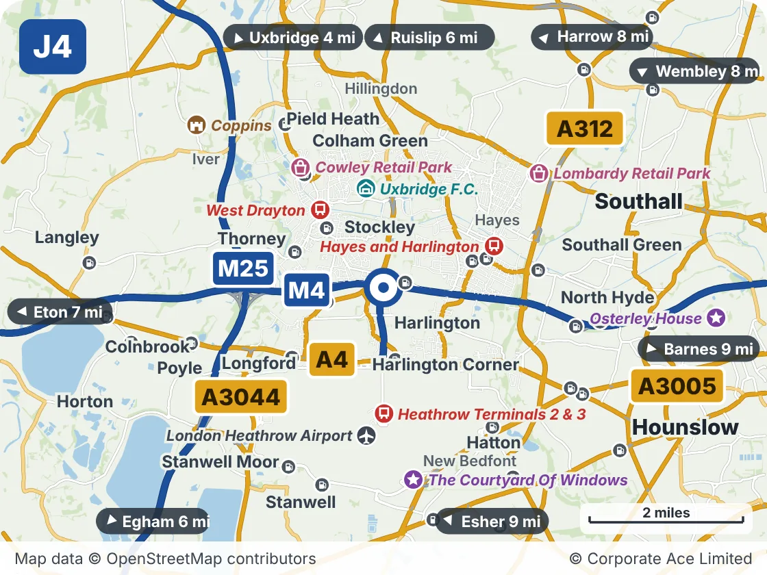 Map of the area within about 5 miles of M4 Junction 4: Heathrow, showing the towns, villages, roads and places to visit