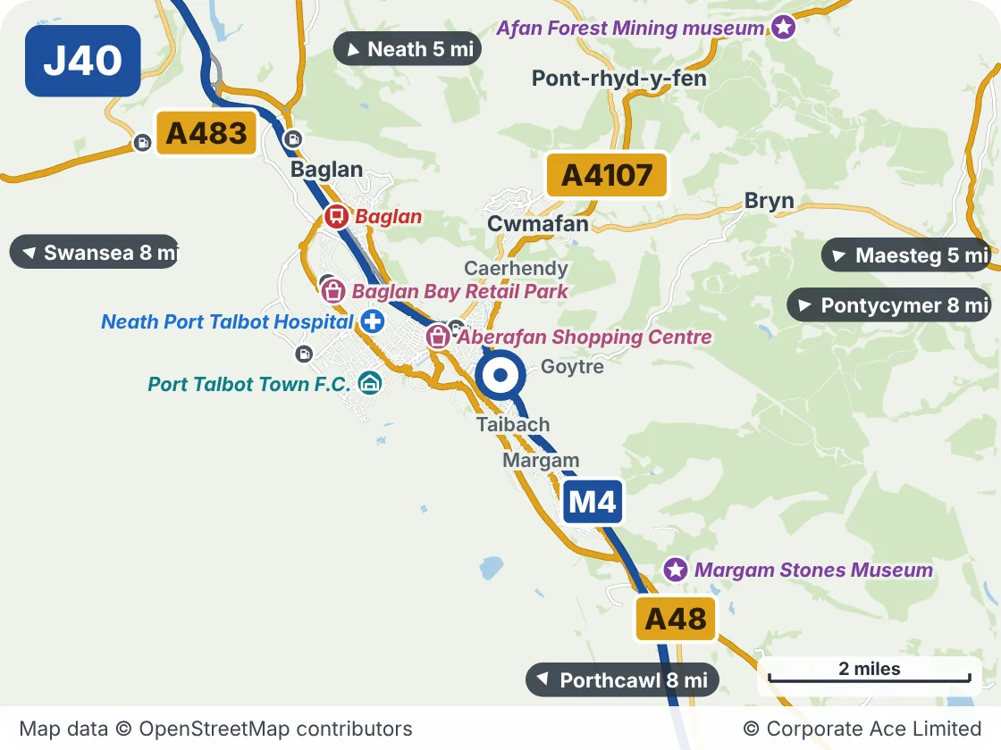 Map of the area within about 5 miles of M4 Junction 40: Taibach, showing the towns, villages, roads and places to visit