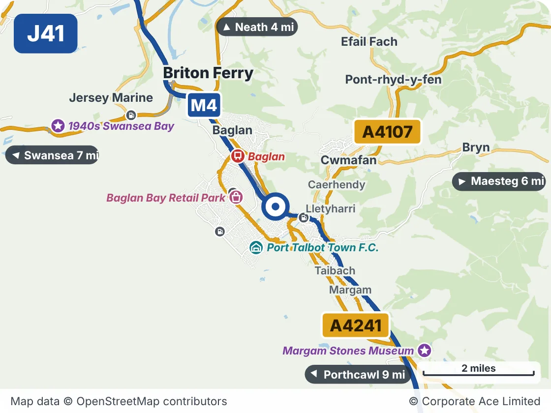 Map of the area within about 5 miles of M4 Junction 41: Pentyla, showing the towns, villages, roads and places to visit