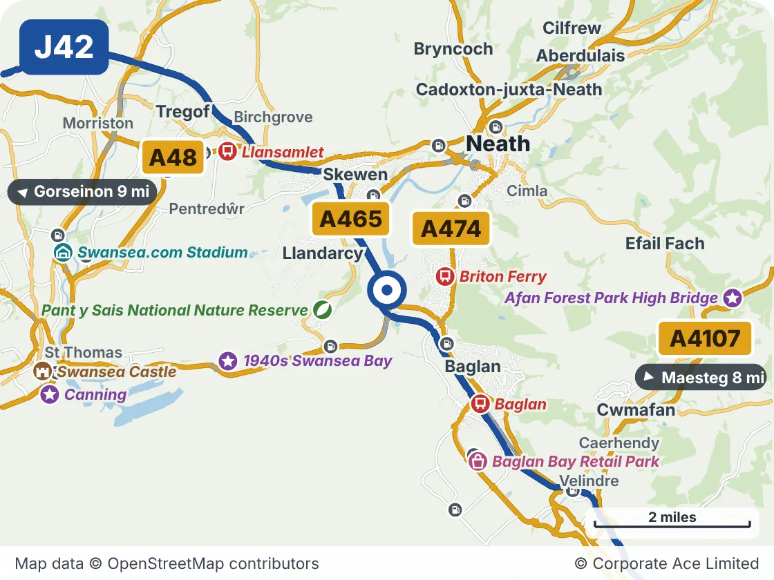 Map of the area within about 5 miles of M4 Junction 42: Earlswood, showing the towns, villages, roads and places to visit