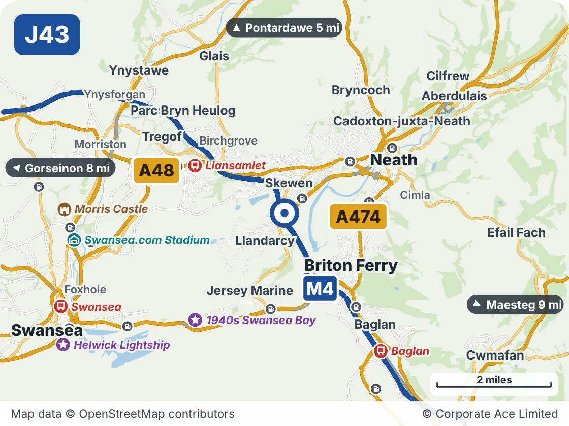 Map of the area within about 5 miles of M4 Junction 43: Llandarcy, showing the towns, villages, roads and places to visit