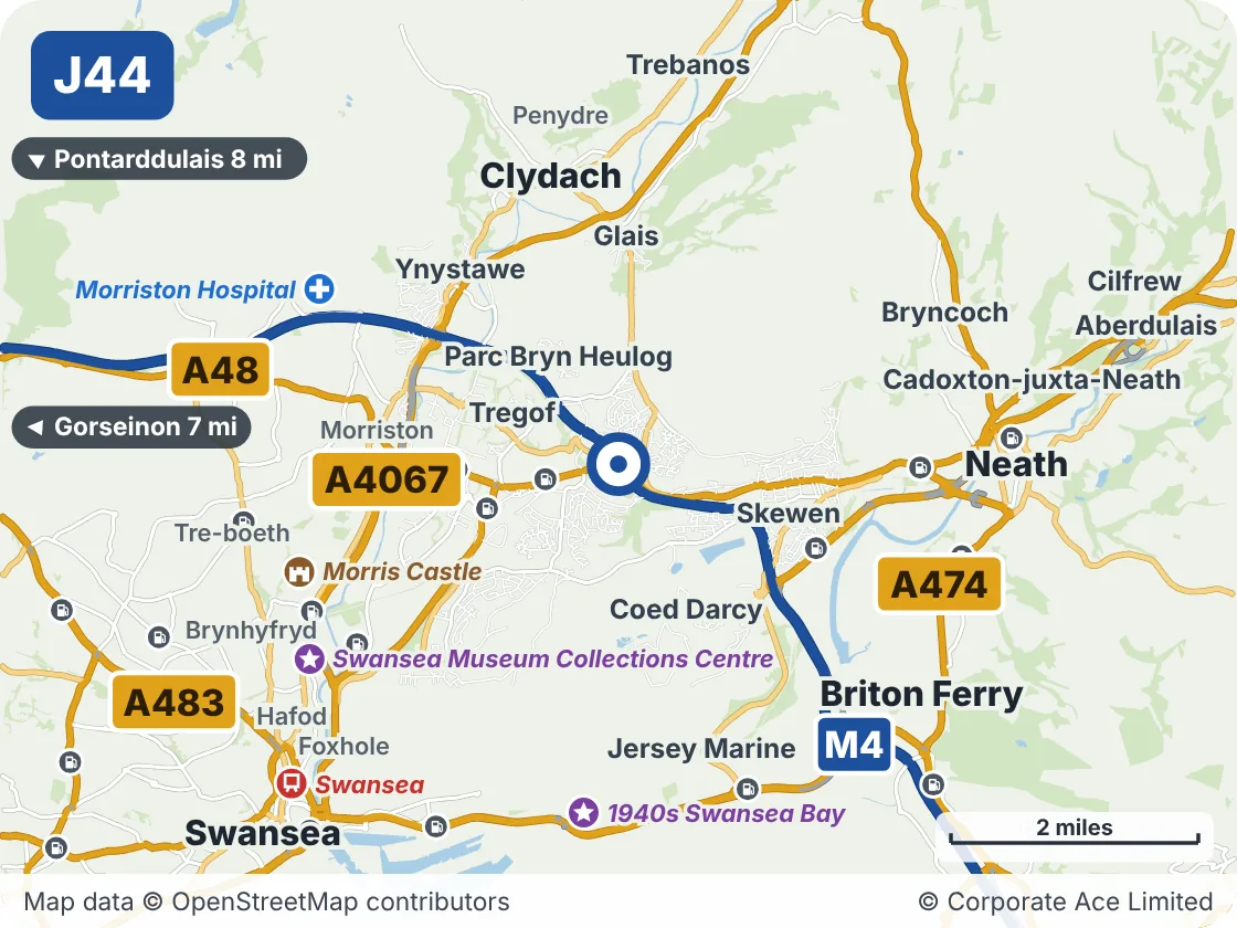 Map of the area within about 5 miles of M4 Junction 44: Lôn-las, showing the towns, villages, roads and places to visit