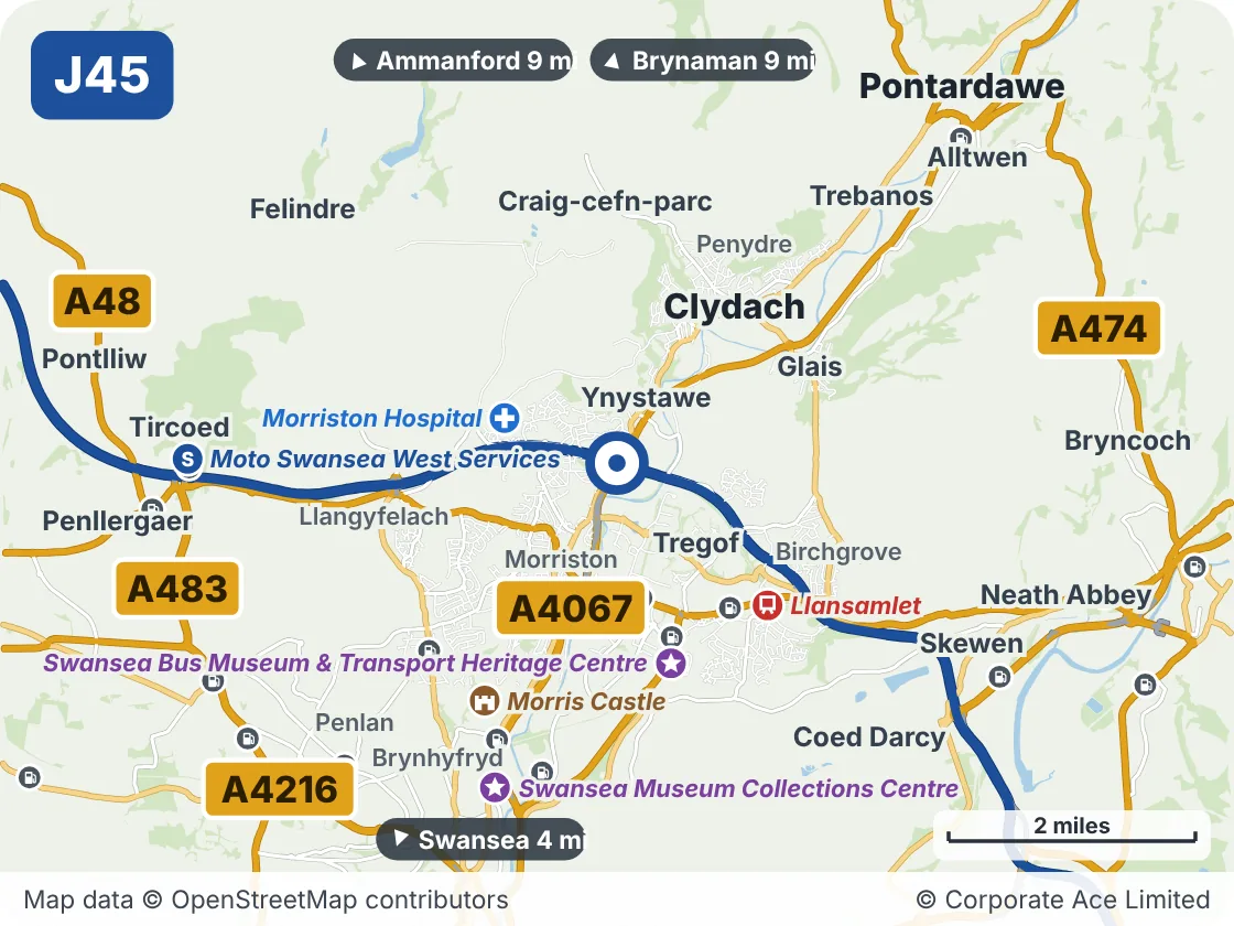 Map of the area within about 5 miles of M4 Junction 45: Ynysforgan, showing the towns, villages, roads and places to visit