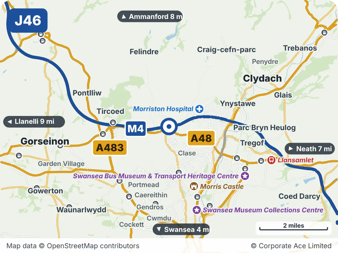 Map of the area within about 5 miles of M4 Junction 46: Llangyfelach, showing the towns, villages, roads and places to visit