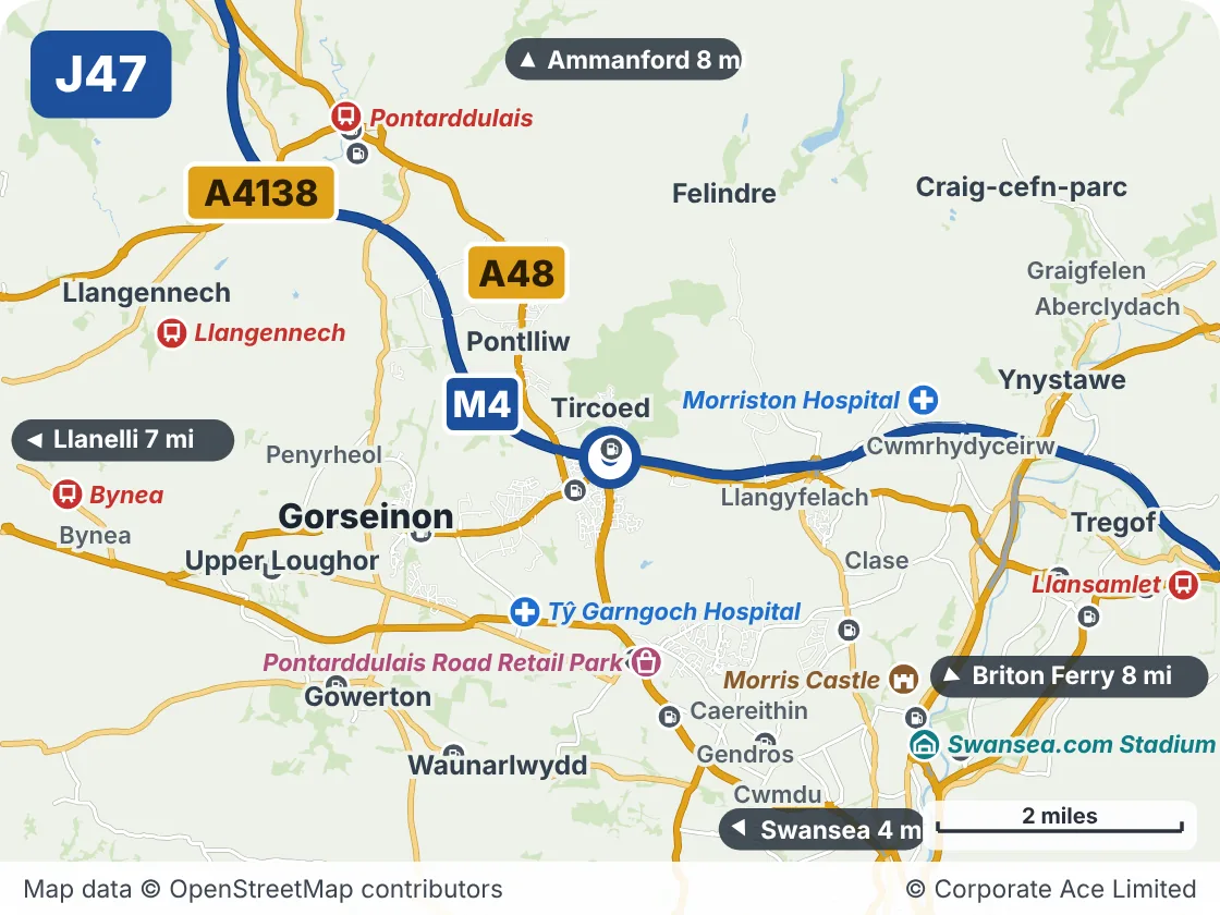 Map of the area within about 5 miles of M4 Junction 47: Penllergaer, showing the towns, villages, roads and places to visit
