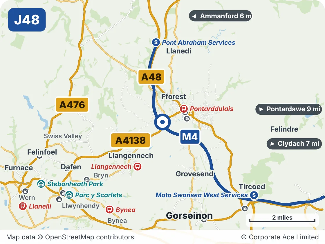 Map of the area within about 5 miles of M4 Junction 48: Hendy, showing the towns, villages, roads and places to visit