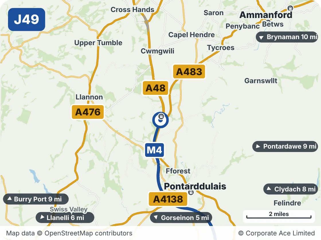 Map of the area within about 5 miles of M4 Junction 49: Pont Abraham, showing the towns, villages, roads and places to visit