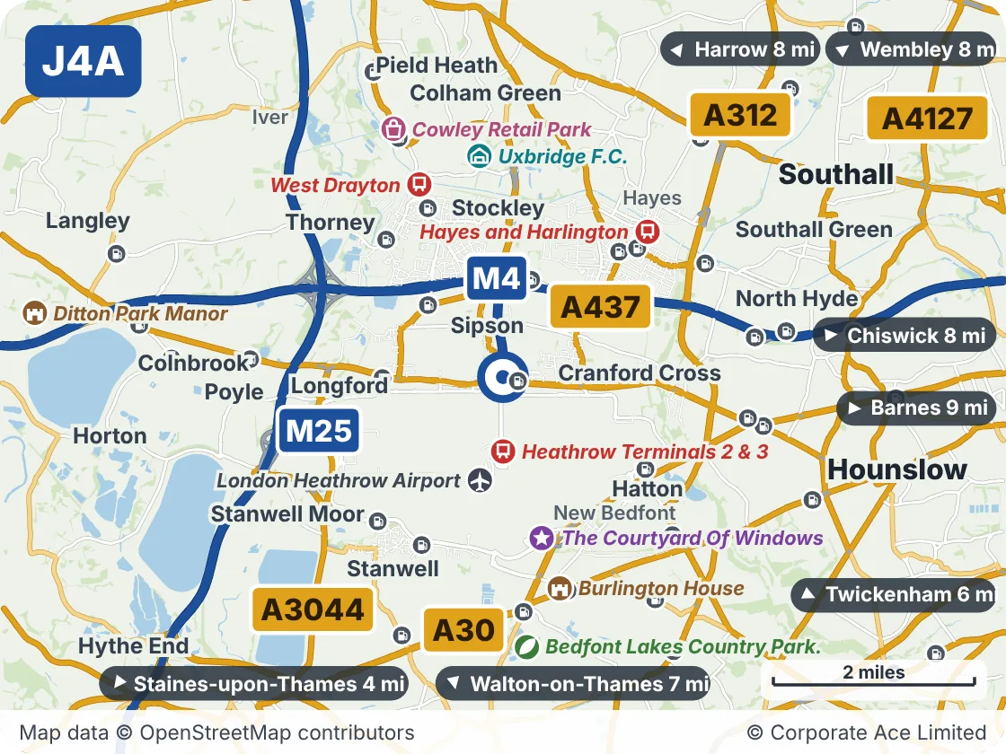 Map of the area within about 5 miles of M4 Junction 4A: Concorde Roundabout, showing the towns, villages, roads and places to visit