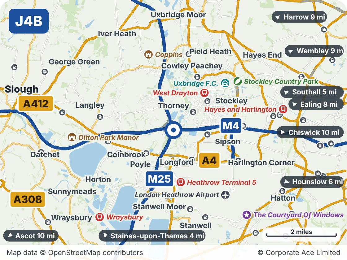 Map of the area within about 5 miles of M4 Junction 4B: Thorney, showing the towns, villages, roads and places to visit