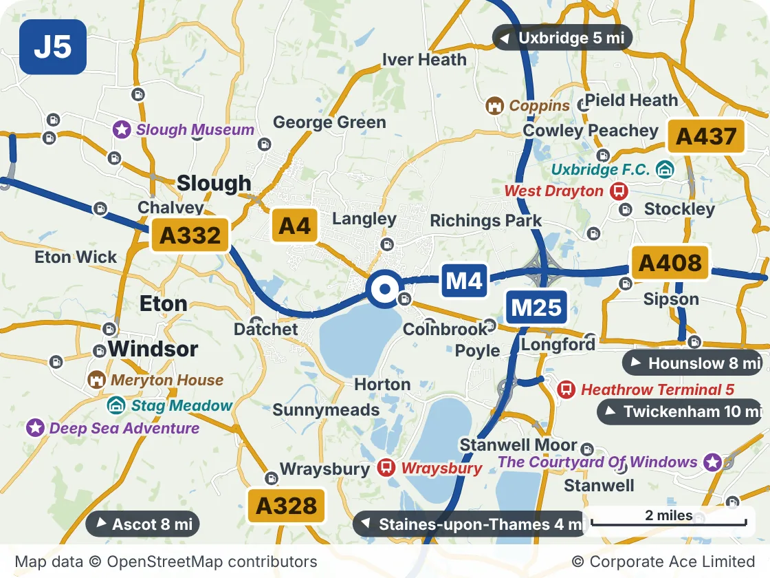 Map of the area within about 5 miles of M4 Junction 5: Langley Roundabout, showing the towns, villages, roads and places to visit