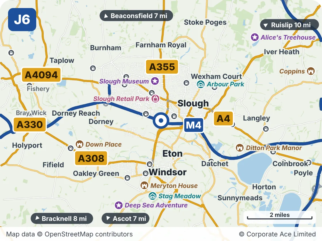 Map of the area within about 5 miles of M4 Junction 6: Tuns Lane, showing the towns, villages, roads and places to visit