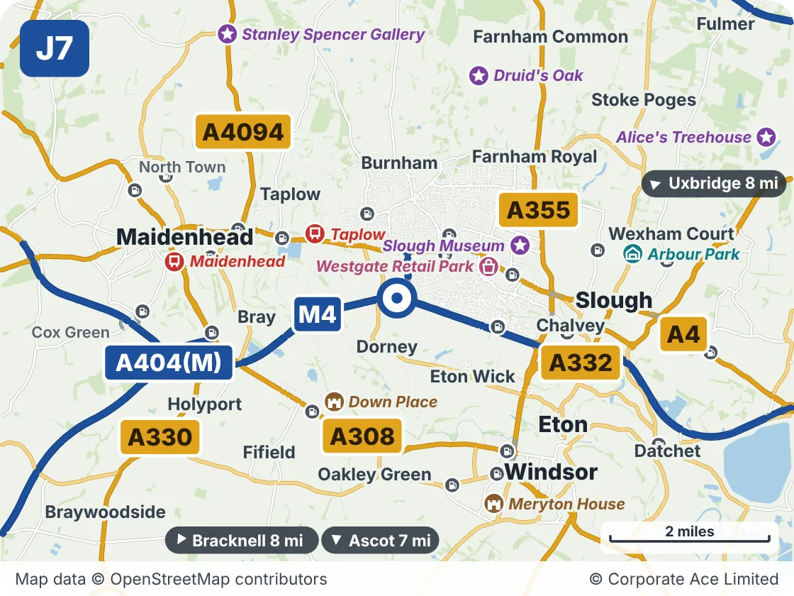 Map of the area within about 5 miles of M4 Junction 7: Huntercombe Spur, showing the towns, villages, roads and places to visit