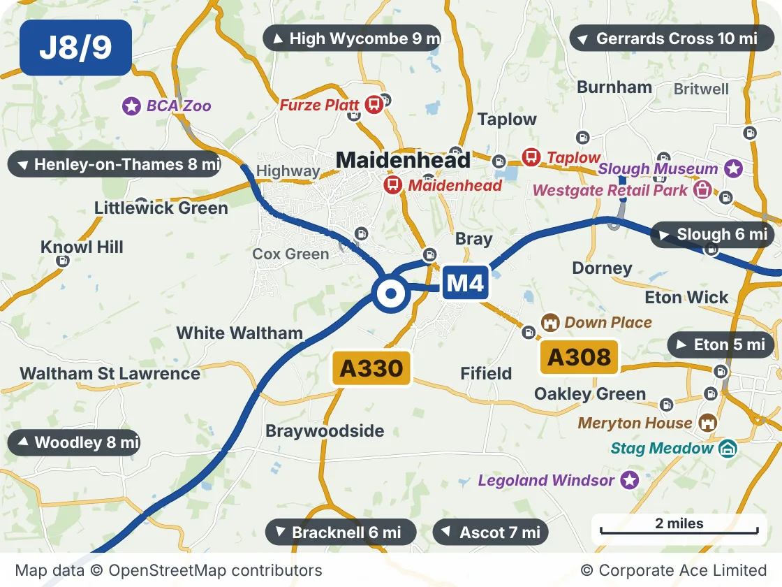 Map of the area within about 5 miles of M4 Junction 8/9: Holyport, showing the towns, villages, roads and places to visit